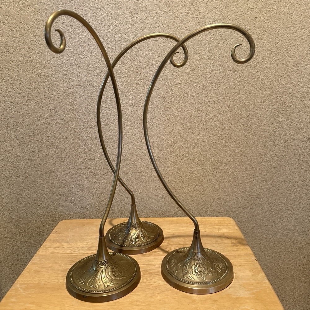 Set of 3 World Market Heavy Brass Ornate Ornament Holder Stands 17" Tall